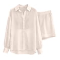 thumbnail image 4 of Cagogo Women's 2 Piece Striped Casual Set V Neck Long Sleeve Top Elastic Waisted Shorts Summer Outfits Lounge Travel Clothes Matching Two Piece, Beige L, 4 of 5
