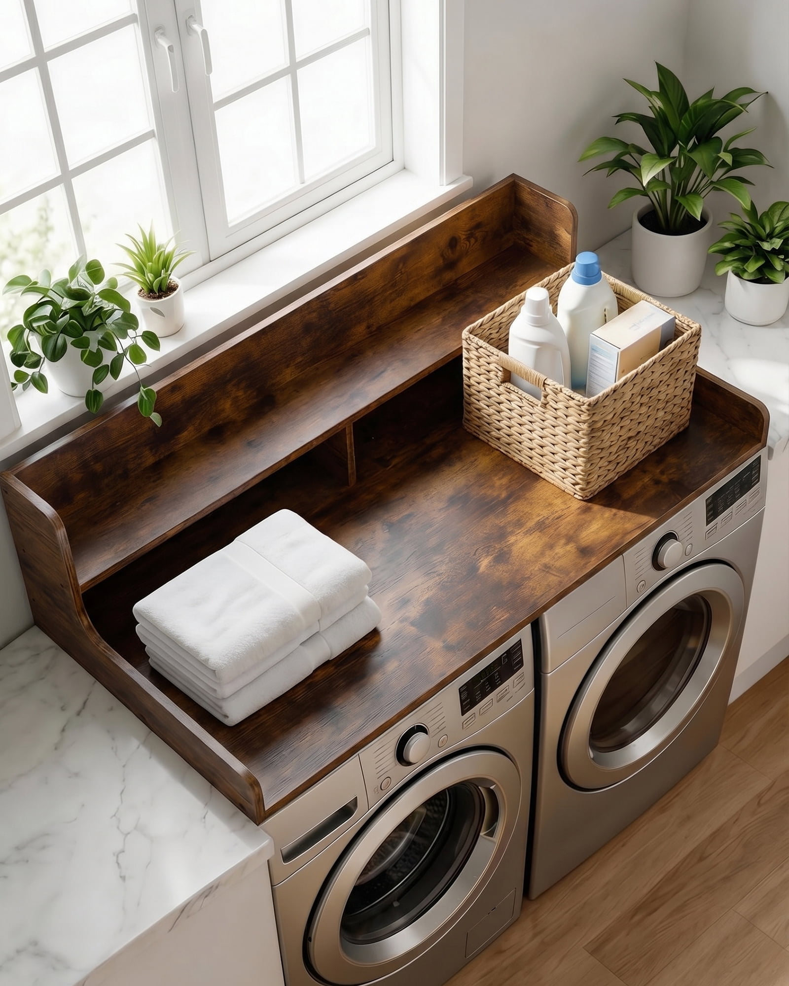 Garvee Laundry Shelf Over Washer and Dryer 54" x 27.5", Heavy Duty Wooden Countertop Topper with 12" Fences, Farmhouse Decor Organizer Table for Laundry Room - Walnut Finish
