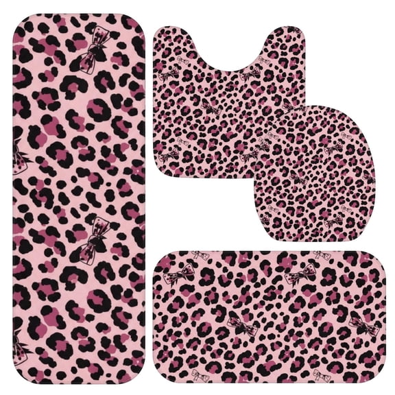 Pink and Black Leopard Print Bathroom Rug Set 4 Piece,Includes Contour,Lid Cover,Bath Mat,Non-Slip Extra Soft Absorbent Washable