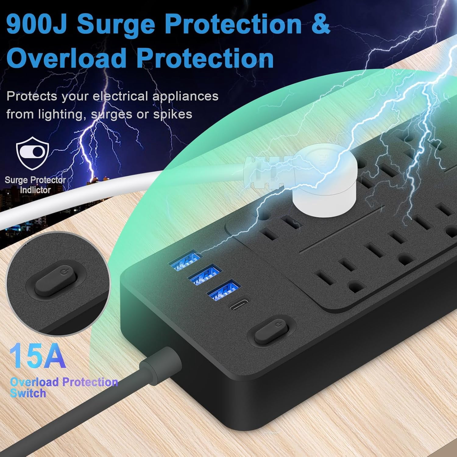 Power Strip With 8 Outlets, 3 USB-A & 1 USB-C Port – Flat Plug, Surge Protection, 5Ft Cord, Wall Mountable For Home & Office