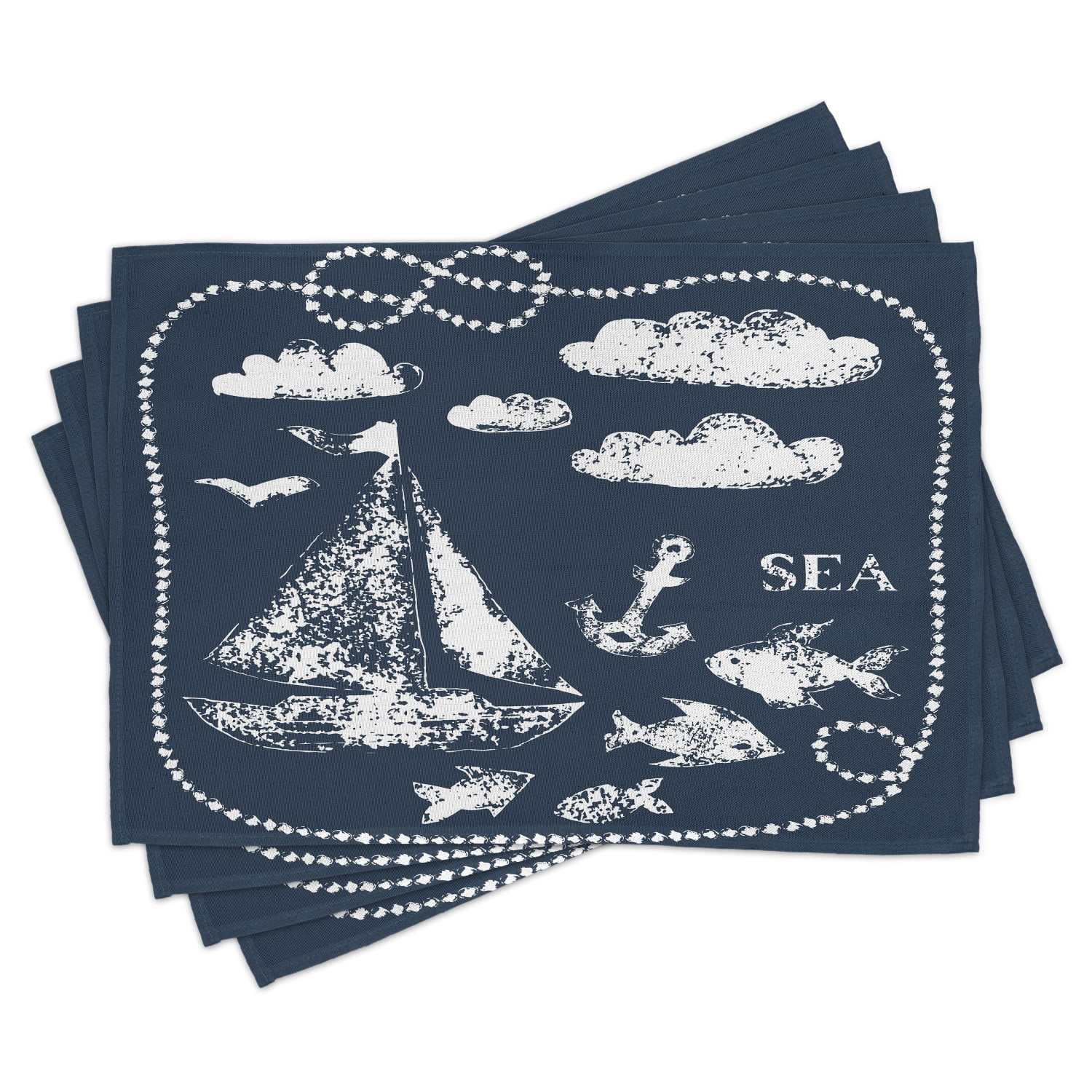 Navy Blue Placemats Set of 4 Sea Themed Hand Print Grunge Elements