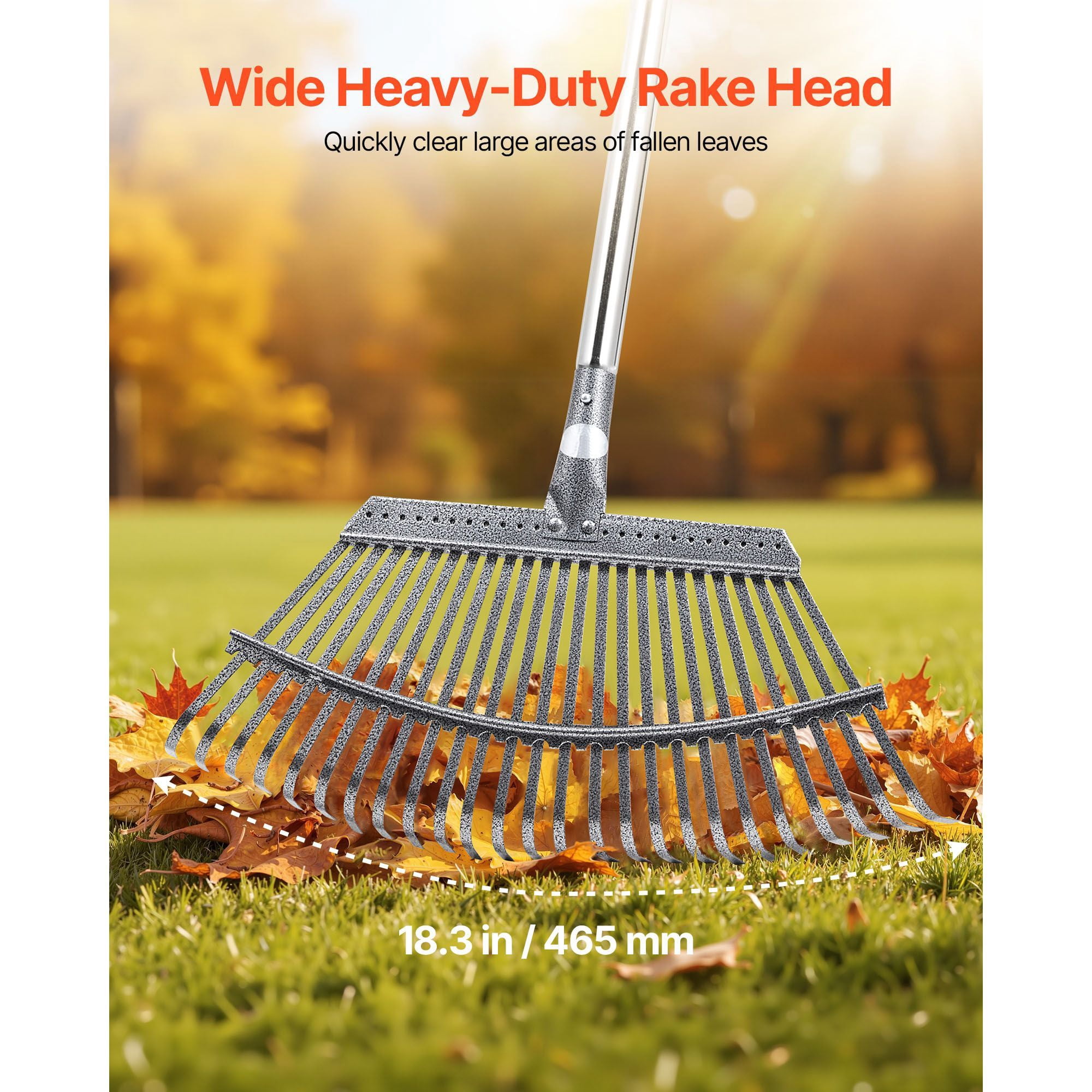 Heavy Duty 25-Tine Metal Leaf Rake, Adjustable 36.4-72.8 Inch Handle & 18.3 Inch Wide Head, Stainless Steel Garden Rake for Lawn, Yard, Grass, Camping – Efficient Small Leaves Tool