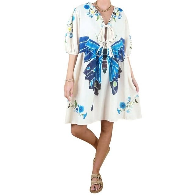 Gupgi Robe Courte Fleurie pour Femme à Manches Courtes, Robe Babydoll Fluide à Col en V, Robe Chemise Coupe Ample, Mini Robe d'Été Bohème