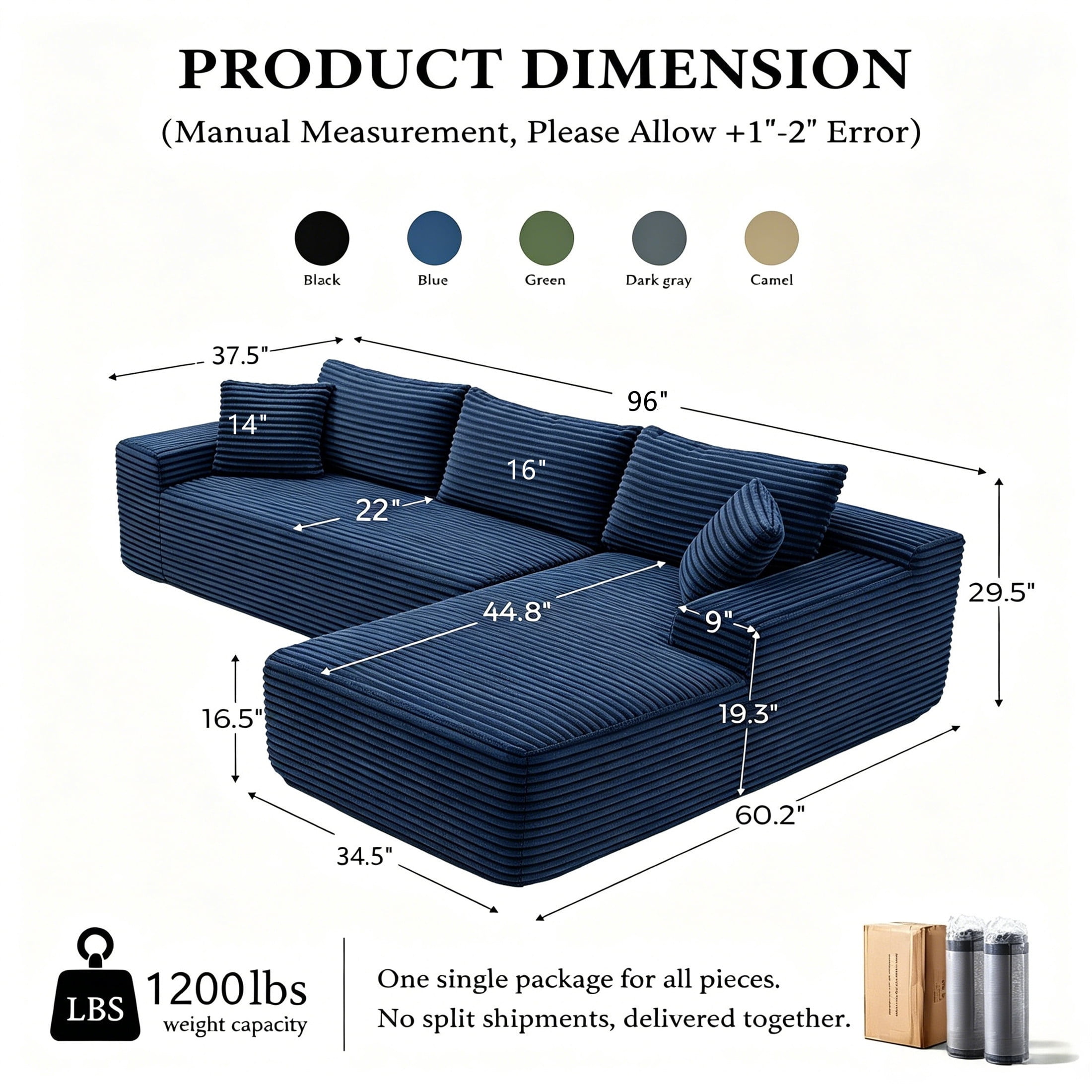 Aukfa 96" Cloud Sectional Sofa Deep Seat Boneless Couch Modular L-Shaped Couch, Right Chaise Corduroy Sofa for Living Room, Blue