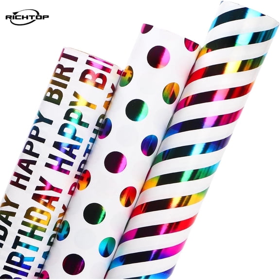 Birthday Wrapping Paper Roll - Colorful Foil Birthday Design for Party, Holiday, Baby Shower - 3 Rolls, 17 inch x 120 inch Each
