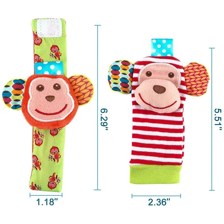 Amerteer 4 Pack Cute Animal Wrist and Foot Rattles Finder Socks Set for  Infant Baby Velcro Design Developmental Toys Set Elephant and Monkey 
