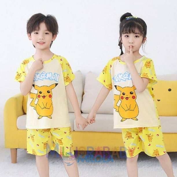 Conjunto de pijama de Pokémon para niños y niñas, ropa de dormir de algodón de manga corta con dibujos animados de Pikachu, jersey para el hogar, Verano qym unisex