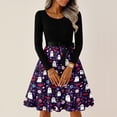 thumbnail image 6 of Women's Halloween Dress Bat Spider Long Sleeve Cocktail 1950s Vintage Dresses Crew Neck Hepburn Retro Casual Dress with Belt 4XL, 6 of 6