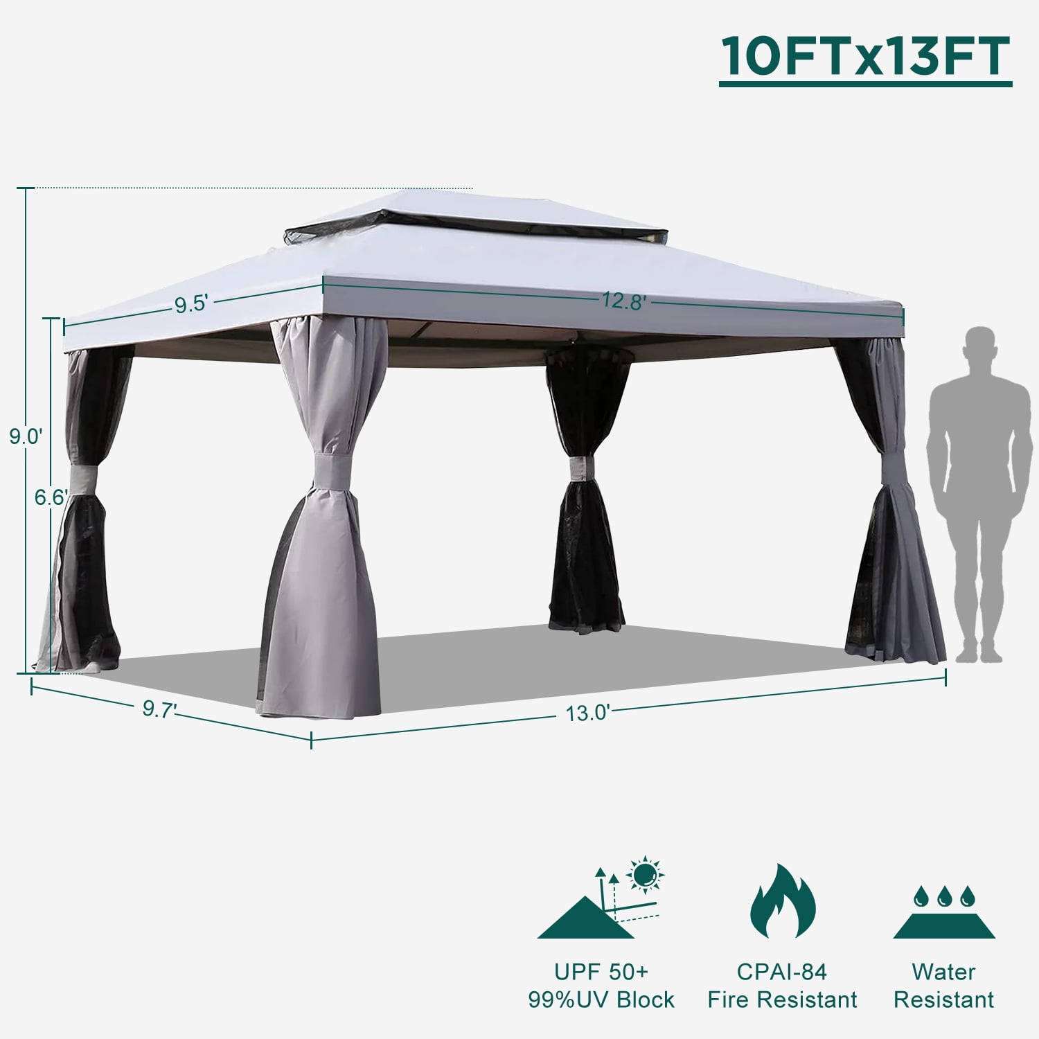 IULULU 10’ x 13’ Outdoor Pavilion Gazebo, Mosquito Netting and Zippered Curtains