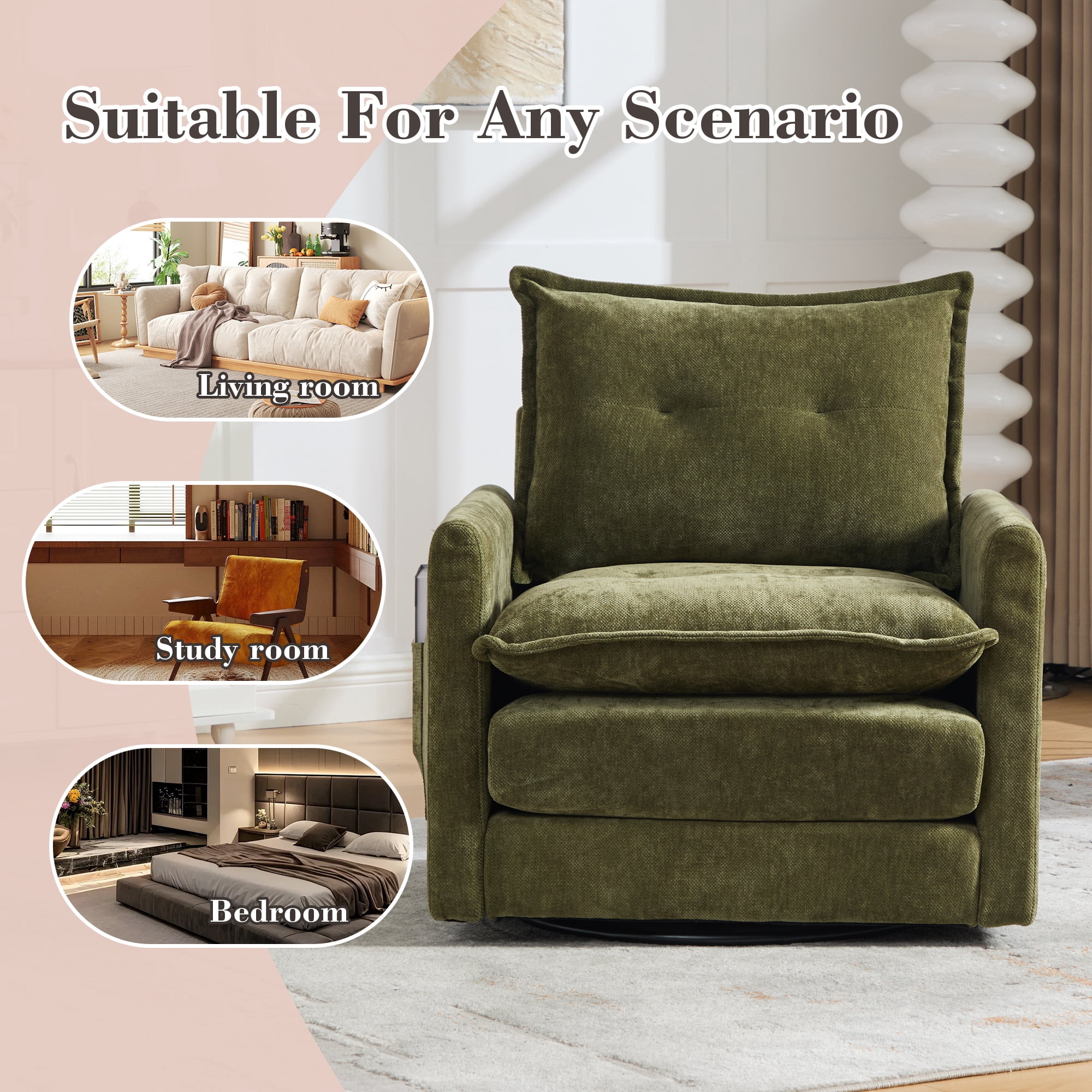 Leumius Swivel Accent Chair,Mid Century Modern Chenille Armchair with Thick Padded and Metal Base,Swivel Single Sofa Chair Barrel Reading Chair for Living Room Bedroom,Olive