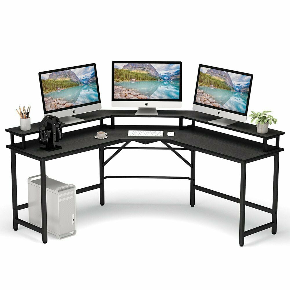 L Shaped Desk w Monitor Stand Riser Modern Computer Corner Desk Gaming Desk 