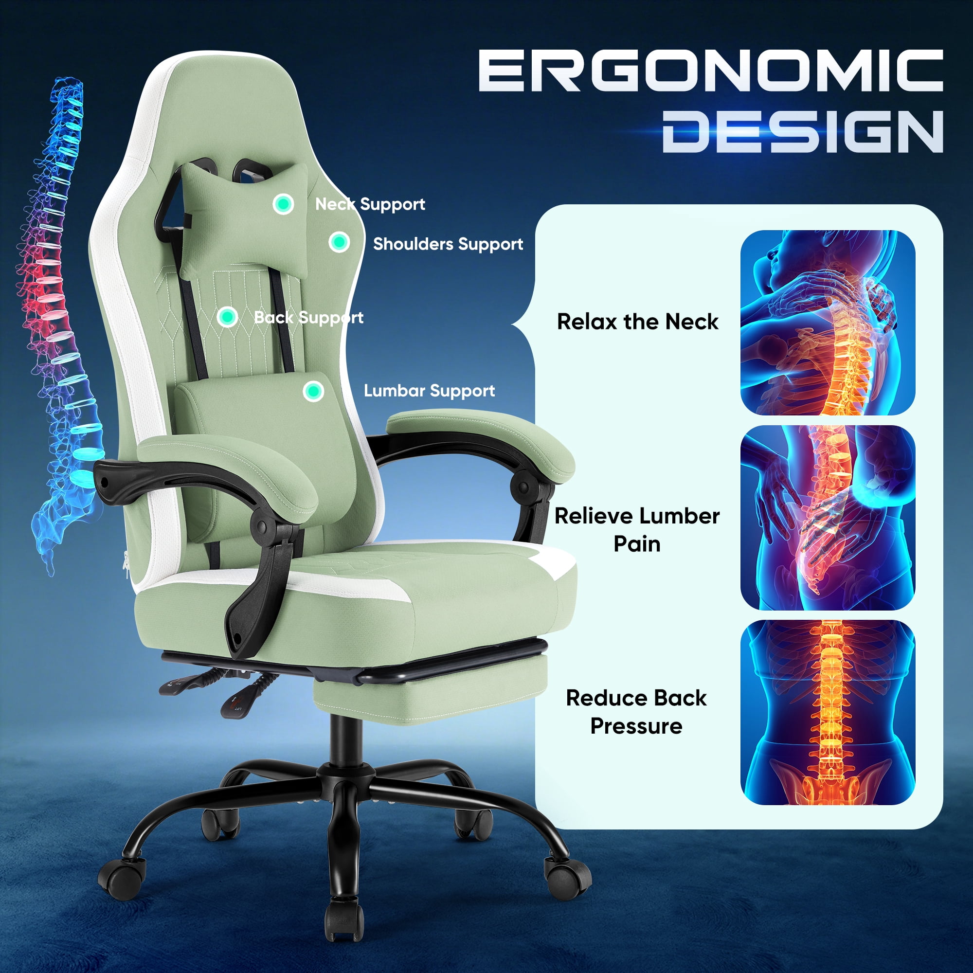 Gianna Gaming Chair with Footrest, Ergonomic High‑Back Computer Chair with Lumbar Support, Adjustable Height & Headrest, Green