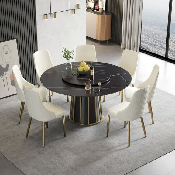 59'' Round Marble Dining Table with Lazy Susan,Black Sintered Stone Circle Kitchen Table Top with Carbon Steel Pedestal for Dining Room/Living Room(Table Only)