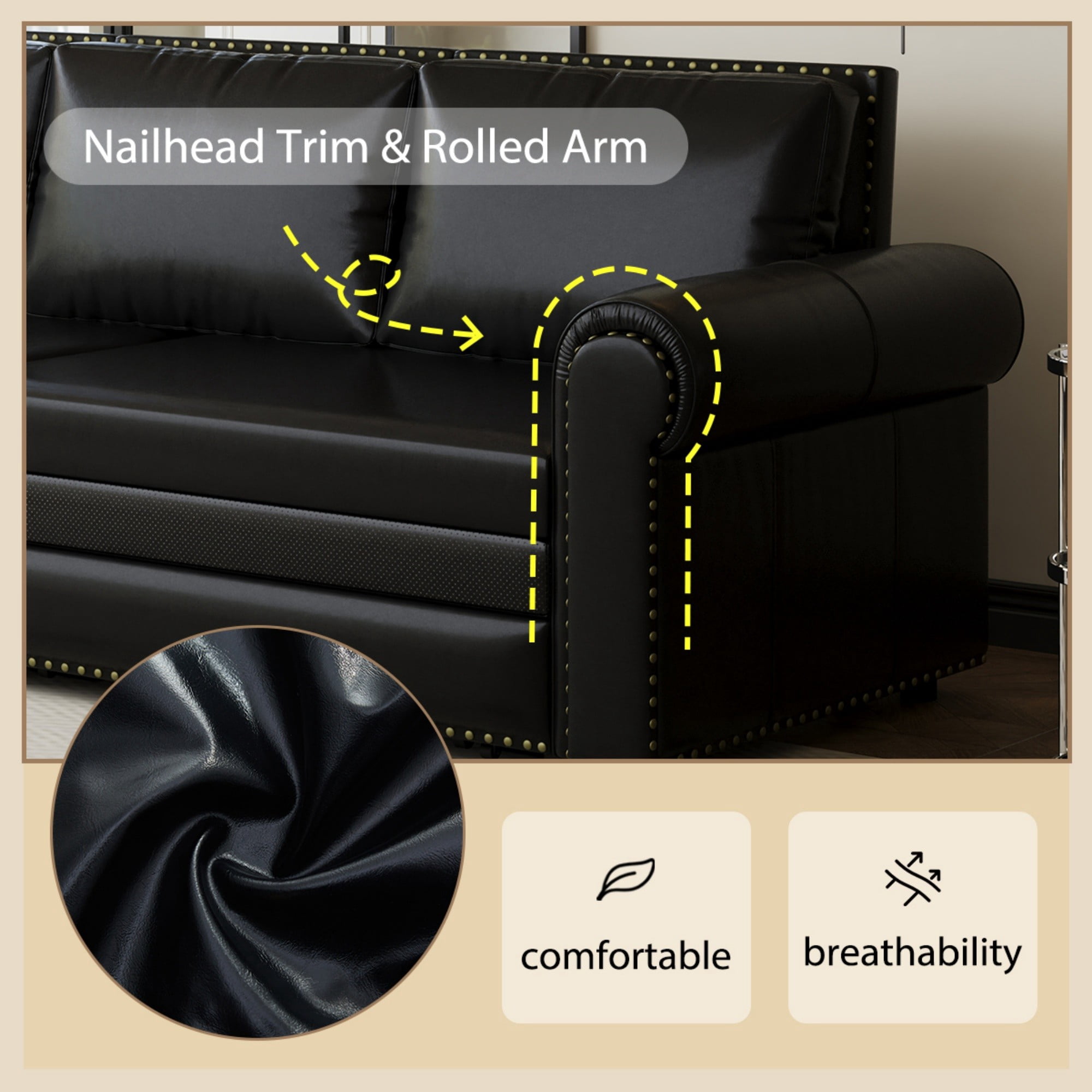 Aukfa 93.7" King Pull Out Sofa Bed, Faux Leather 3-in-1 Convertible Chesterfield Sleeper Sofa Couch with Nailhead Trim & Rolled Arms, Black