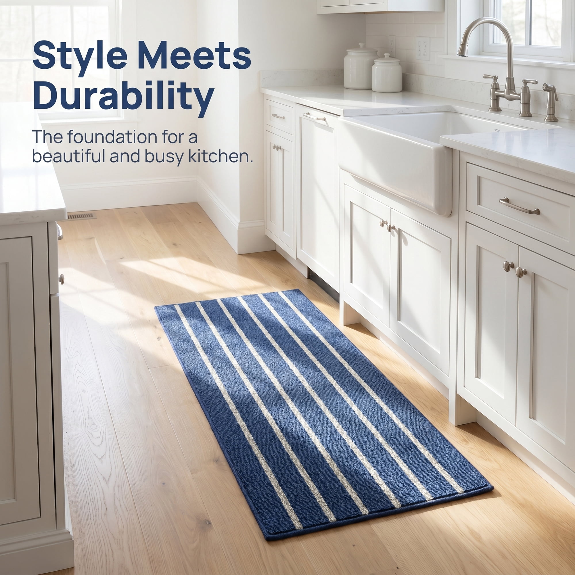 Unique Bargains Polypropylene Striped Non Slip Kitchen Runner Rug Blue 47" x 20"