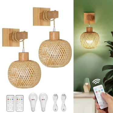 Battery Operated Wall Sconces Sets of 2, Farmhouse Rustic Dimmable Wireless Wall Lamps with Remote Control, Boho Bamboo Sconces Wall Lighting for Indoor Bedroom Living Room Hallway