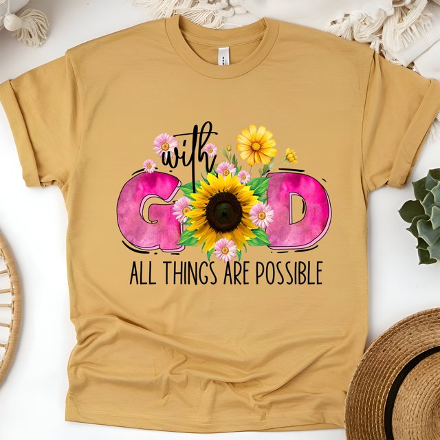 With God All Things Are Possible Sunflower Christian T-Shirt, Gold, Size M