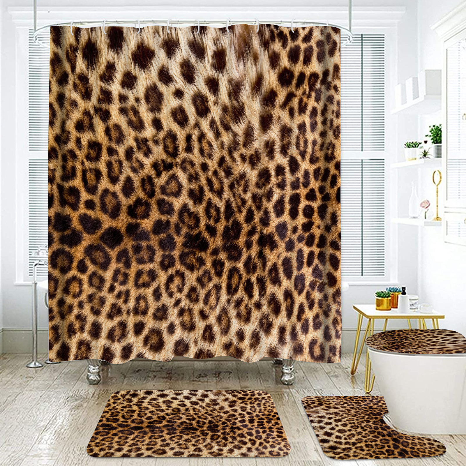 Hadint 4Pcs Brown Leopard Print Pattern Shower Curtain Set, Shower Curtain and Rug Set, 12 Pcs Hooks, 71inx71in
