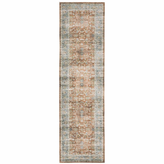 HomeRoots 510377 2 x 8 ft. Rust Blue Ivory & Gold Oriental Printed Stain Resistant Non Skid Runner Area Rug