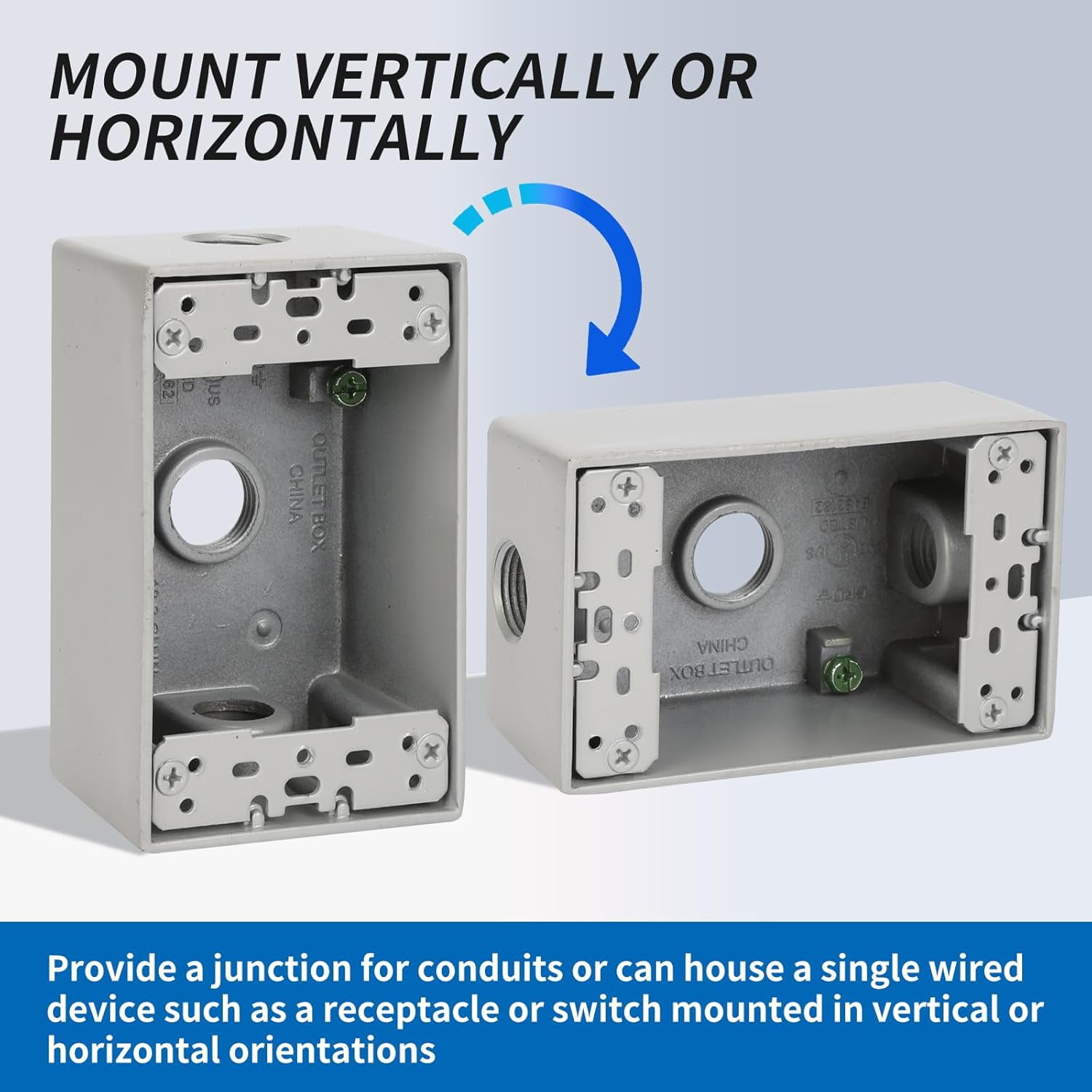 Weatherproof Outlet Box with Three 1/2-in Threaded Outlets,4-3/5-Inch Length by 2-5/6-Inch Width by 2-Inch Depth,1 Gang Electrical Outlet Box,CUL Listed,Gray(Pack of 9)