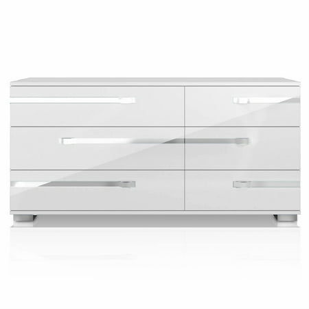 Maklaine 6 Drawer Double Dresser In White High Gloss And Chrome