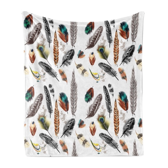 Feathers Soft Flannel Fleece Throw Blanket, Arrangement of Types of Quills in Vivid Tones Grey Splashes Image Print, Cozy Plush for Indoor and Outdoor Use, 50" x 70", Multicolor, by Ambesonne