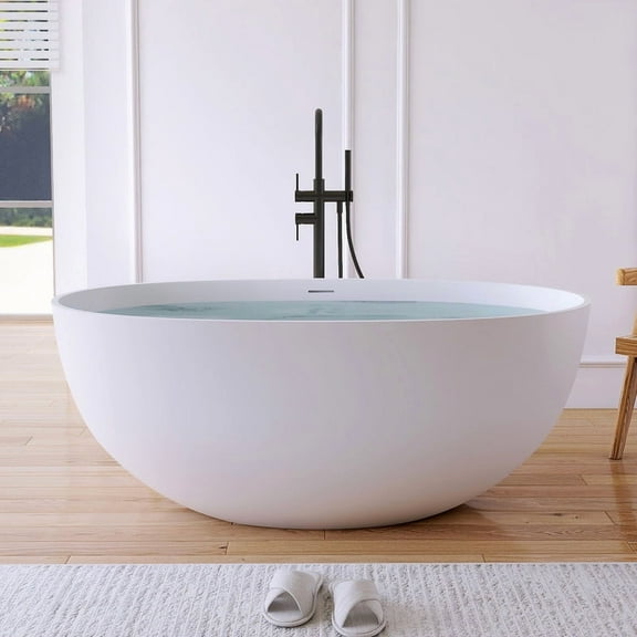 MEDUNJESS 55" Freestanding Bathtub, Solid Surface Stone Resin Soaking Tubs with Pop-up Drain and Overflow, Matte White
