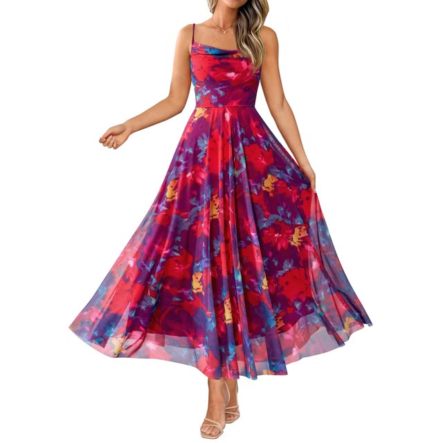 Vestido largo BTFBM floral azul marino y rojo