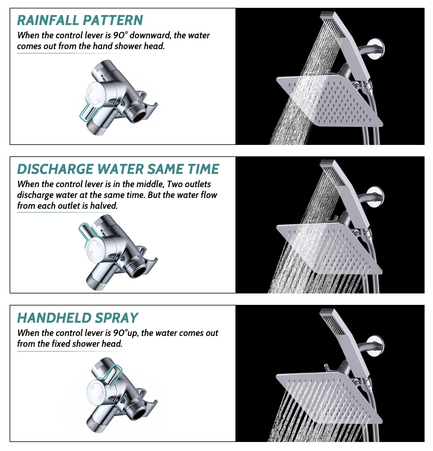 G-Promise All Metal Square 8" Rainfall Shower Head with Handheld Combo, with 71" Extra Long Flexible Hose, Smooth 3-Way Diverter