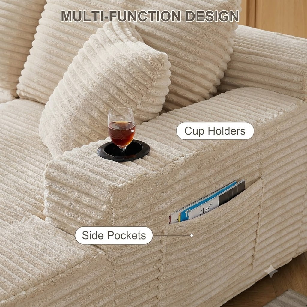 EPOWP 133" Modular Cloud Couch Sectional Sofa, U-Shaped Oversized Sofa with Chaise, Boneless Deep Seat Corduroy Couch with Memory Foam, Cup Holders & Side Pockets, No Assembly Required，Beige