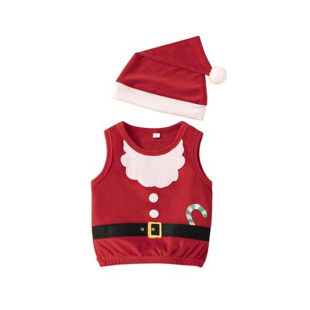 

Toddler Baby Boy Girl Christmas Vest Patchwork Sleeveless Round Neck T-Shirts Tops Vest and Santa Hat 2pcs Clothes