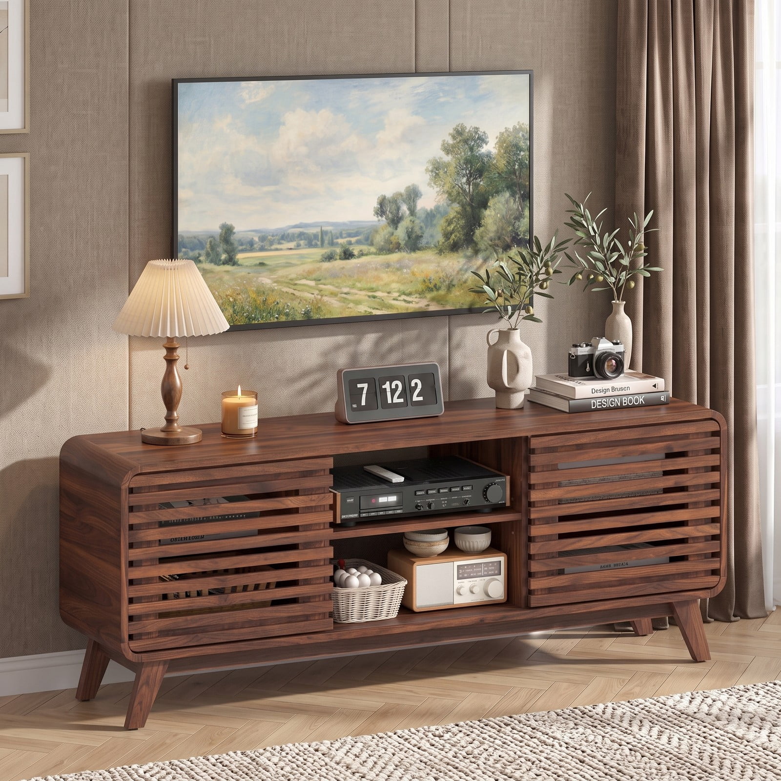 Furnibear Mid Century Modern Entertainment Center, TV Stand for TVs up to 65 Inch with Grille-Style Sliding Doors and 3 Adjustable Shelves, Media Console, Walnut