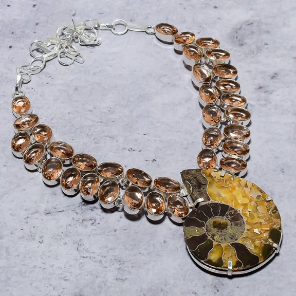 Ammonite Fossil, Morganite 925 Sterling Silver Jewelry Necklace 18"