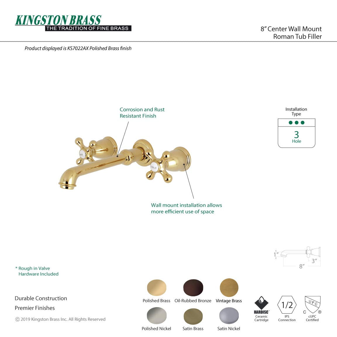 Kingston Brass English Country Roman Tub Faucets With Brushed Brass KS7027AX