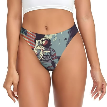 Sigee Astronaut With American Flag for Women s G-String Panty  Low Rise  Soft Lace Perfect for Everyday Wear or Special Occasions-Large