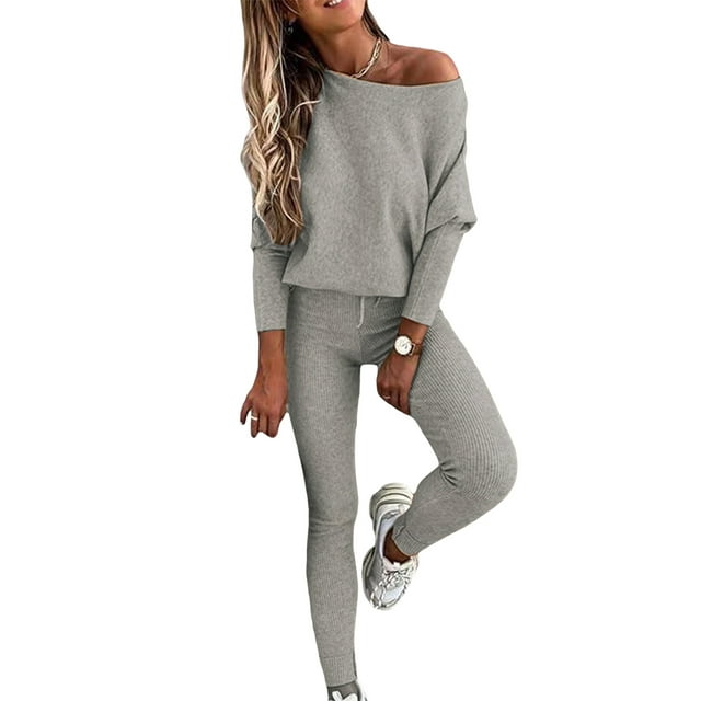 Opperiaya Women's 2 Pieces Ribbed Tracksuit Outfits Solid Color Off Shoulder Long Sleeve Tops Drawstring Long Pants Set