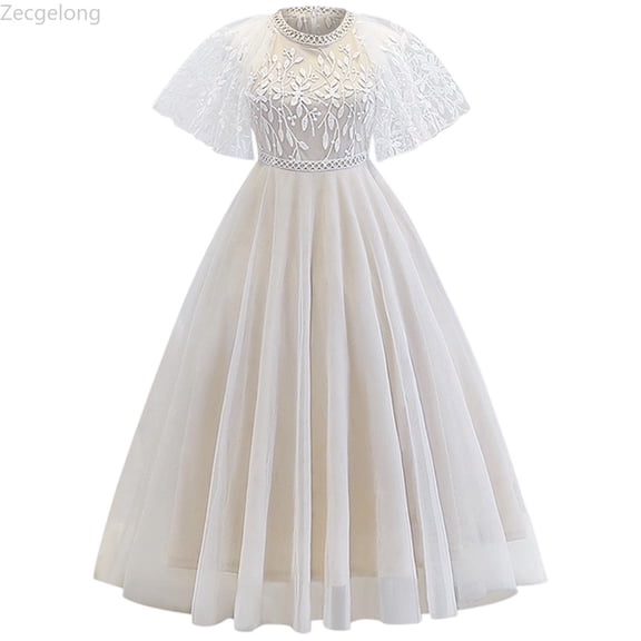 Zecgelong Girls Party Dresses Elegant Lace Long Sleeve Formal Gown For Birthday Celebration And Daily Wear Girls Birthday Dresses Size 8-9 Years Beige
