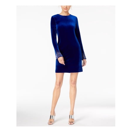 CALVIN KLEIN Womens Blue Long Sleeve Short Shift Cocktail Dress Size: 10