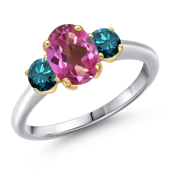 Gem Stone King 10K Two Tone Gold Pink Mystic Topaz and Blue Diamond Engagement Ring for Women | 1.84 Cttw | Oval 8X6MM | Gemstone November Birthstone | Size 7
