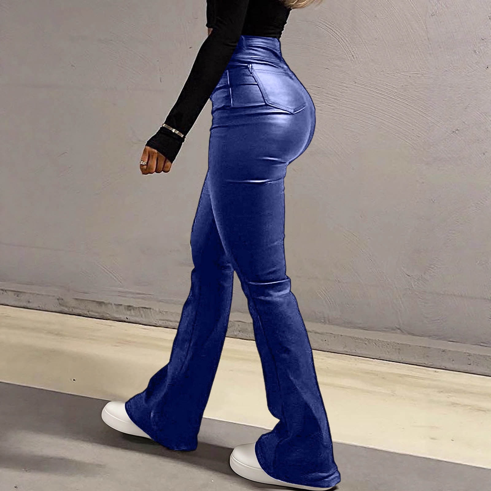 2026 Women Faux Leather Pants PU High Waist Straight Leg Pant with Pockets Fashion Flare Pants Trendy Streetwear