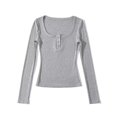 thumbnail image 2 of Arlun,Button up V-Neck T Shirts for Women Petite Stretchy Slim Fit Long Sleeve Fall New Tops Ladies Solid Color Round Neck Basic Tee Shirts Grey M, 2 of 4