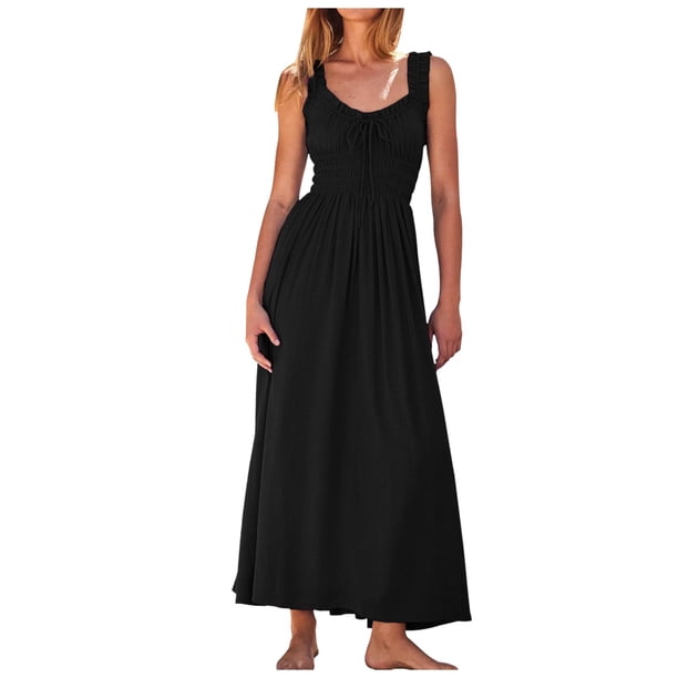 2025 Vestido largo sin mangas de verano para mujer con cintura imperio fruncida y volantes - Boho A-Line con dobladillo fluido