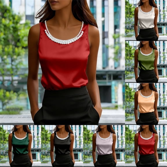 Womens Silk Satin Tank Tops Business Casual Ruffle Trim Boat Neck Sleeveless Summer Blouses Shirts Red, Size XXL
