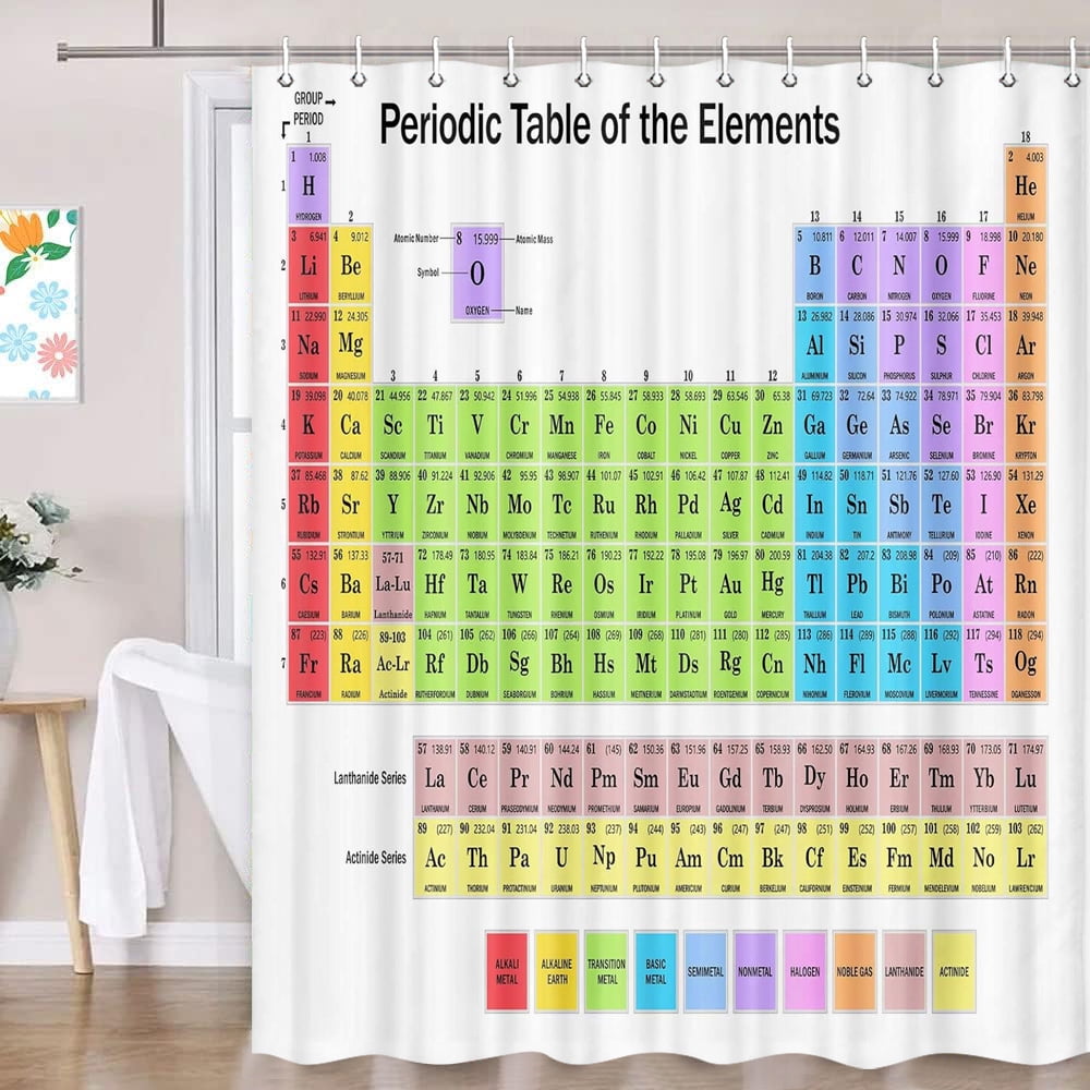 Updated Periodic Table of Elements Shower Curtain Sets, Science Chemistry Teach and Study Decor Curtains for Classroom, Fabric Educational Chemistry Bath Curtain with Hooks Included, 69X70IN