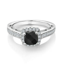 Gem Stone King 925 Sterling Silver Black Onyx and White Created Sapphire Engagement Ring for Women (1.50 Cttw, Cushion Checkerboard 6MM, Gemstone Birthstone, Available in Size 5, 6, 7, 8, 9)