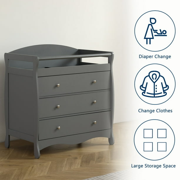 Changing Table with 3 Drawer Wooden Nursing Table with Safety Rail and Strap Baby Diaper Changing Dresser for Bedroom Easy Assembly Grey Walmart Business Supplies