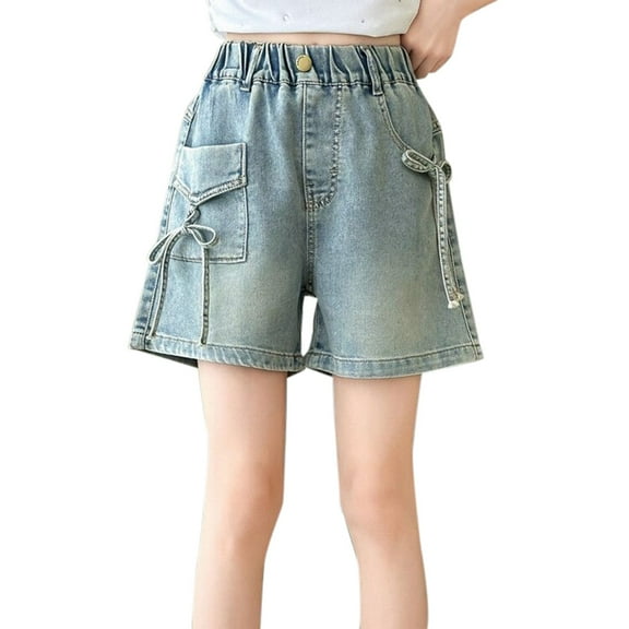 XQYLOS Girls Baggy Wide Leg Distressed Denim Shorts Bow Accent Elastic Waist Sequined 𝖵intage Y2K Summer Washed 𝖲tretch Shorts