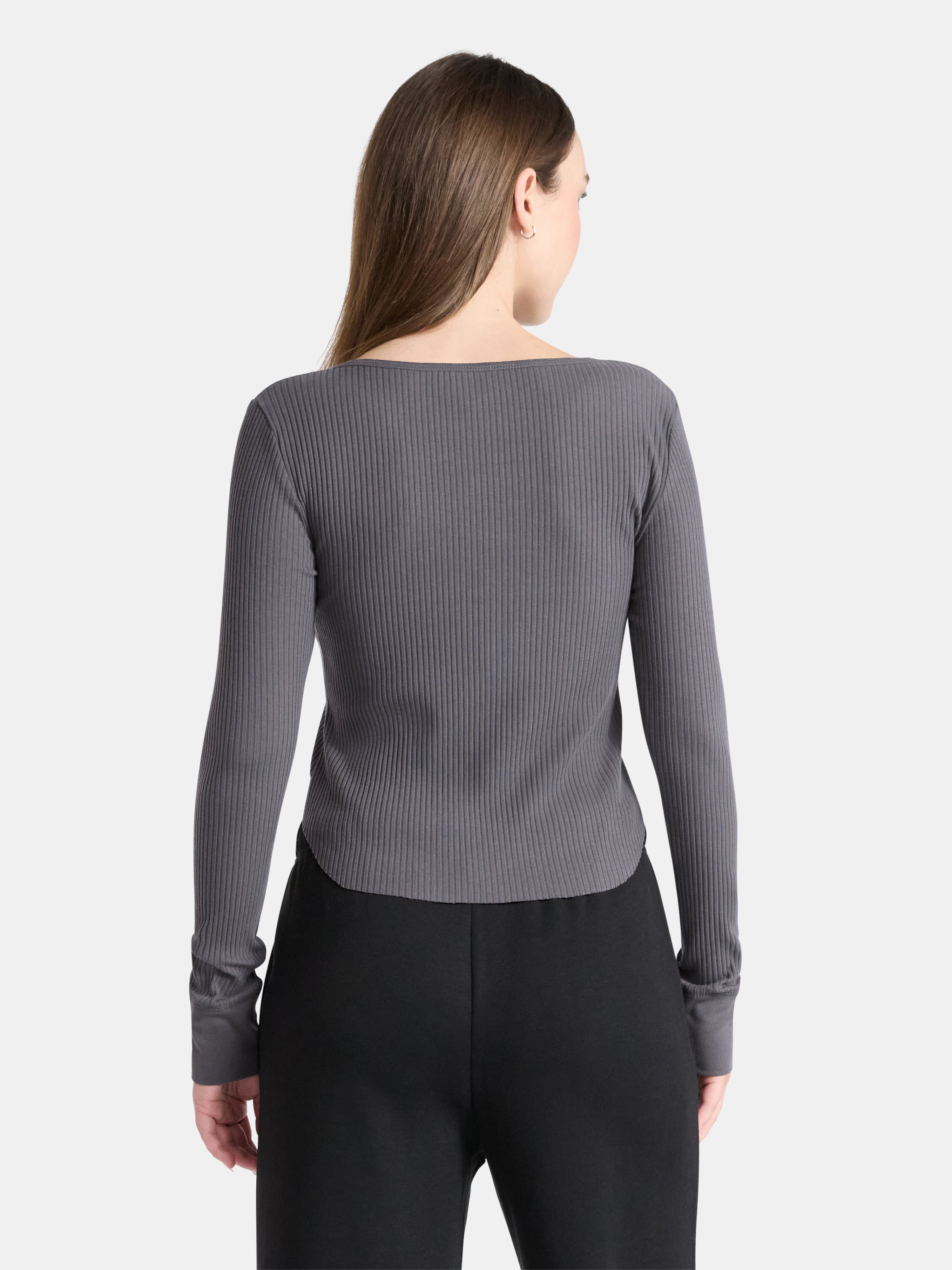 No Boundaries Scoop Neck Shirttail Henley Top with Long Sleeves, Women’s