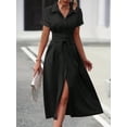 thumbnail image 2 of Women's Button Down Belted Midi Shirt Dress with Pockets Short Sleeve Silhouette Classic Black 95% Polyester 5% Spandex, 2 of 8