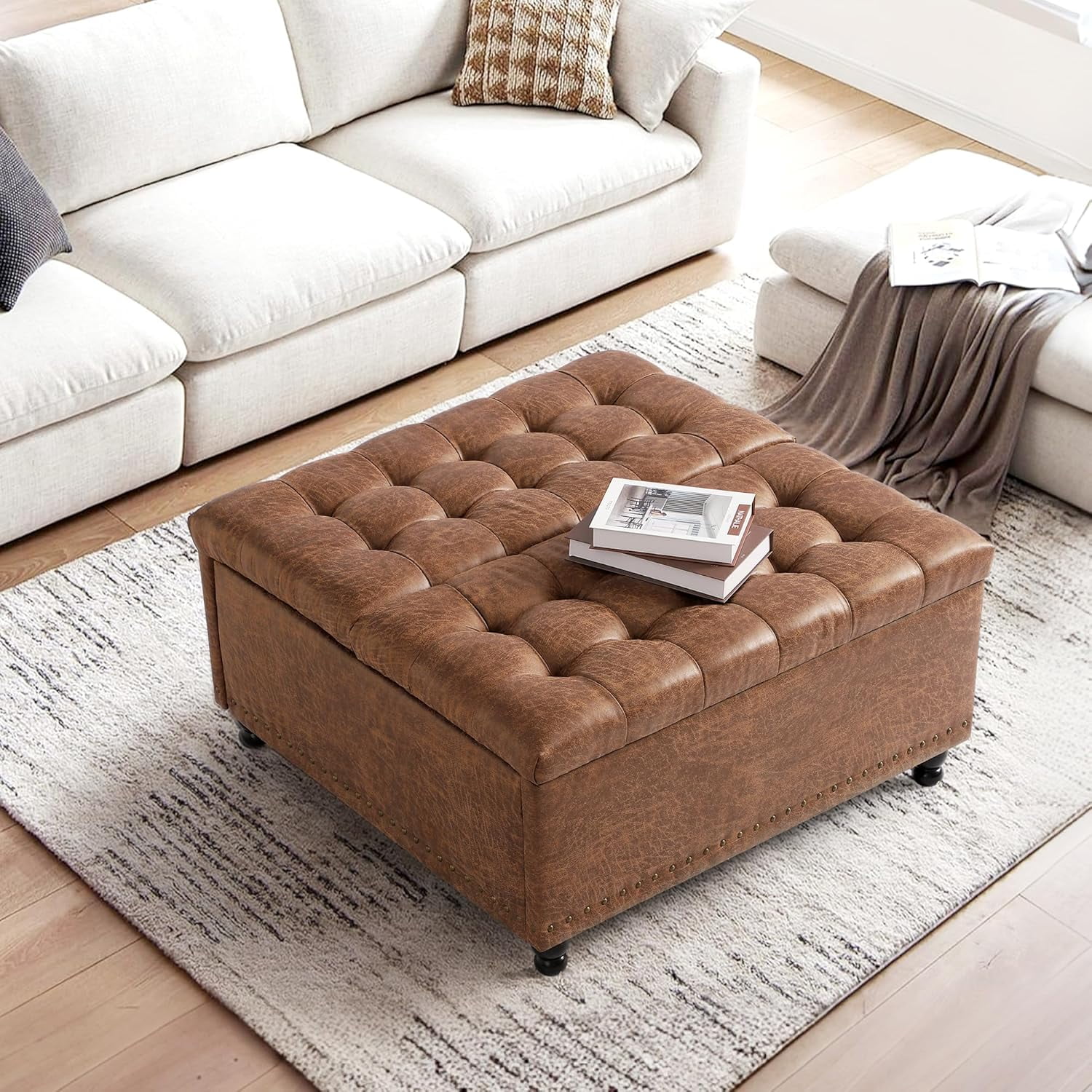 Haverchair 35.5" Large Storage Ottoman Coffee Table, Square Ottoman Bench with Storage, Lift Top Oversized Storage Ottomans, Tufted Upholstered Coffee Tables for Living Room, Bedroom (Brown)